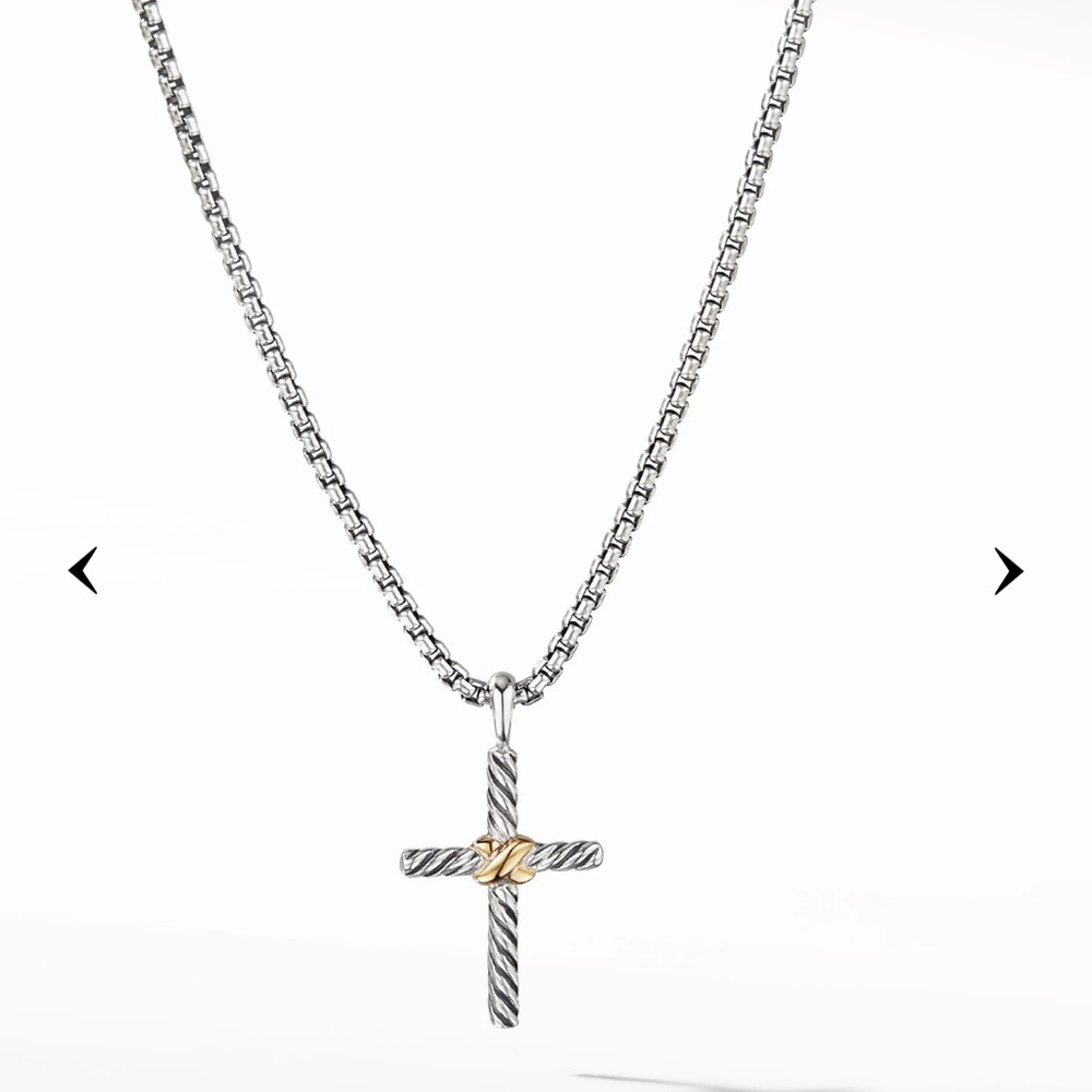 DAVID YURMAN: Petite X Cross Necklace in Sterling Silver with 14K Yellow Gold
